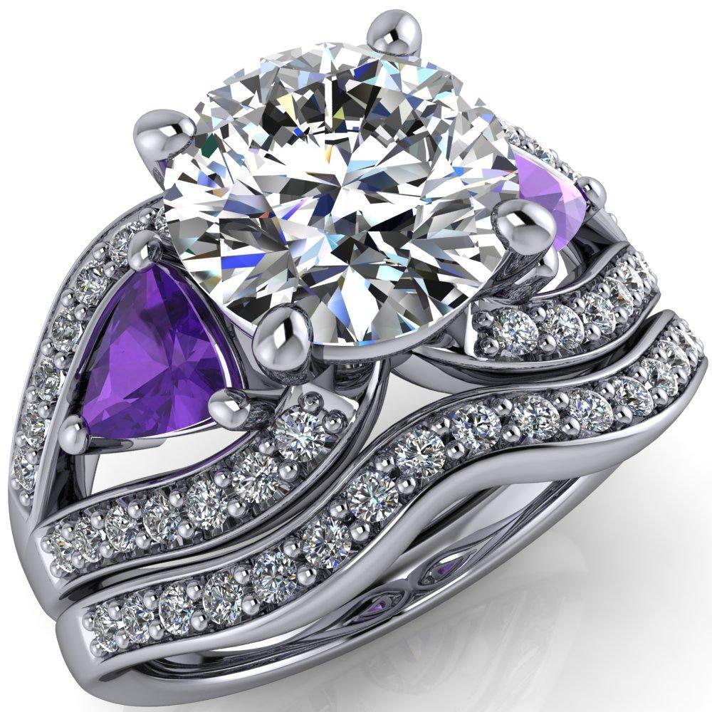 Kassandra Round Moissanite 4 Prong Trillion Amethyst Side Split Shank Accent Engagement Ring-Custom-Made Jewelry-Fire & Brilliance ®