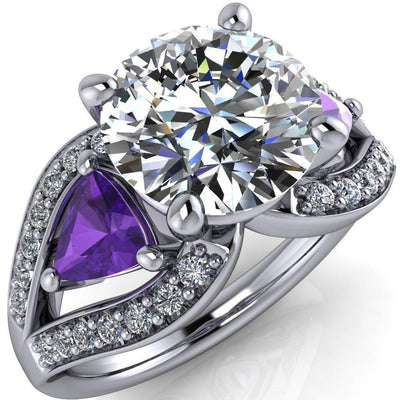 Kassandra Round Moissanite 4 Prong Trillion Amethyst Side Split Shank Accent Engagement Ring-Custom-Made Jewelry-Fire & Brilliance ®