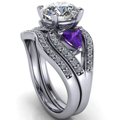 Kassandra Round Moissanite 4 Prong Trillion Amethyst Side Split Shank Accent Engagement Ring-Custom-Made Jewelry-Fire & Brilliance ®