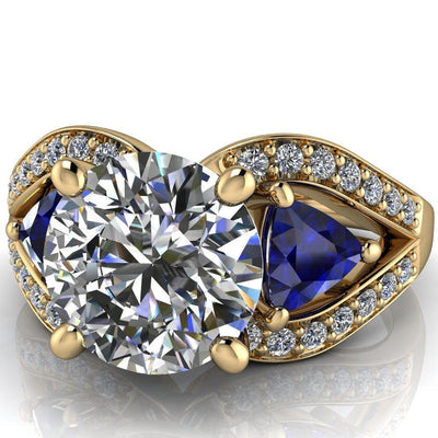 Kassandra Round Moissanite 4 Prong Trillion Blue Sapphire Side Split Shank Accent Engagement Ring-Custom-Made Jewelry-Fire & Brilliance ®