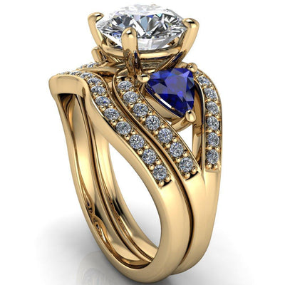 Kassandra Round Moissanite 4 Prong Trillion Blue Sapphire Side Split Shank Accent Engagement Ring-Custom-Made Jewelry-Fire & Brilliance ®