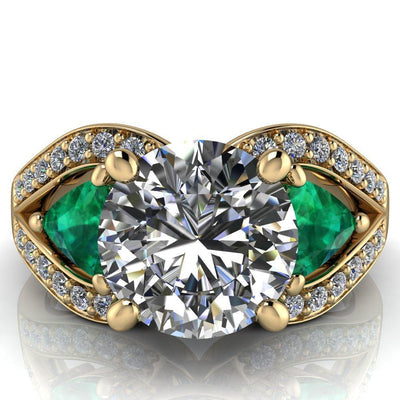 Kassandra Round Moissanite 4 Prong Trillion Emerald Side Split Shank Accent Engagement Ring-Custom-Made Jewelry-Fire & Brilliance ®