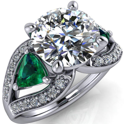 Kassandra Round Moissanite 4 Prong Trillion Emerald Side Split Shank Accent Engagement Ring-Custom-Made Jewelry-Fire & Brilliance ®