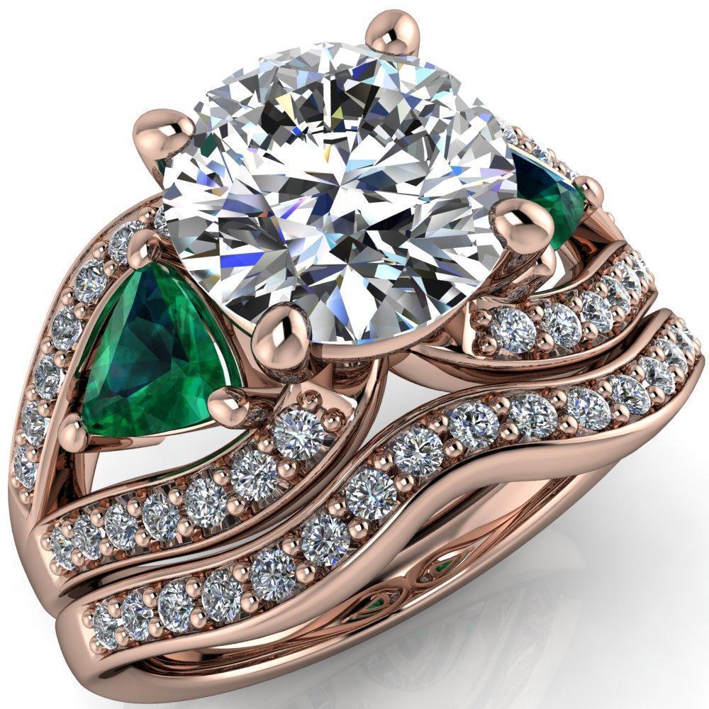 Kassandra Round Moissanite 4 Prong Trillion Emerald Side Split Shank Accent Engagement Ring-Custom-Made Jewelry-Fire & Brilliance ®