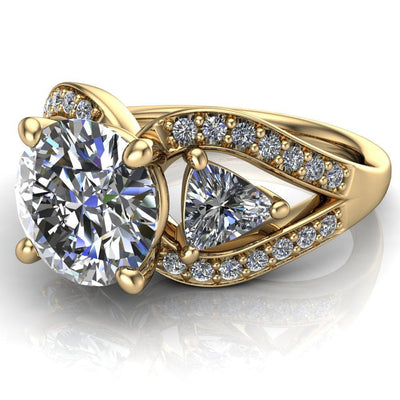 Kassandra Round Moissanite 4 Prong Trillion Moissanite Side Split Shank Accent Engagement Ring-Custom-Made Jewelry-Fire & Brilliance ®