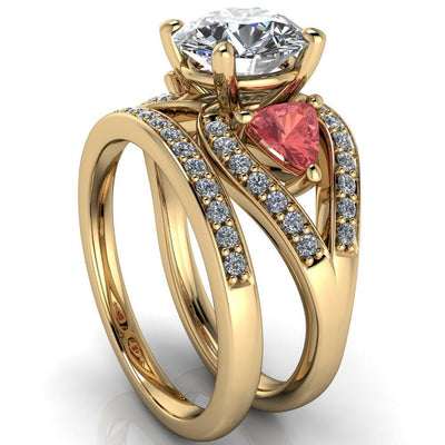 Kassandra Round Moissanite 4 Prong Trillion Padparadscha Sapphire Side Split Shank Accent Engagement Ring-Custom-Made Jewelry-Fire & Brilliance ®