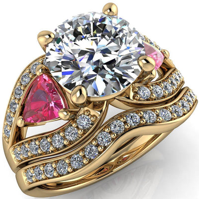 Kassandra Round Moissanite 4 Prong Trillion Pink Sapphire Side Split Shank Accent Engagement Ring-Custom-Made Jewelry-Fire & Brilliance ®