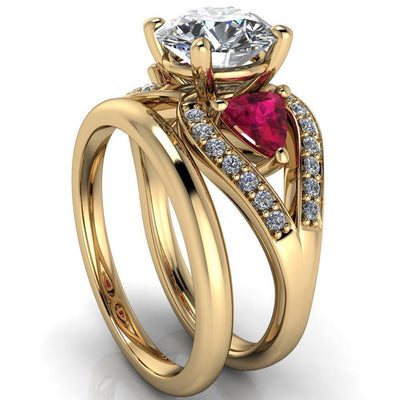Kassandra Round Moissanite 4 Prong Trillion Ruby Side Split Shank Accent Engagement Ring-Custom-Made Jewelry-Fire & Brilliance ®