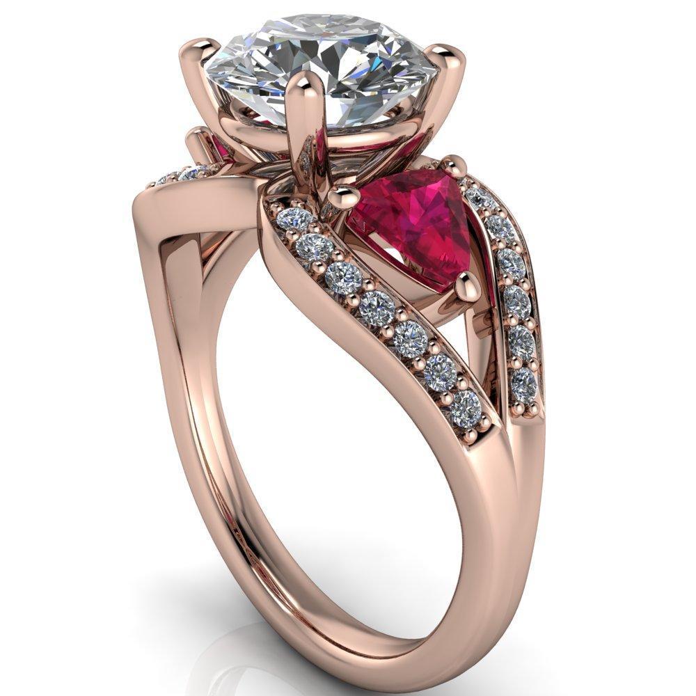 Kassandra Round Moissanite 4 Prong Trillion Ruby Side Split Shank Accent Engagement Ring-Custom-Made Jewelry-Fire & Brilliance ®