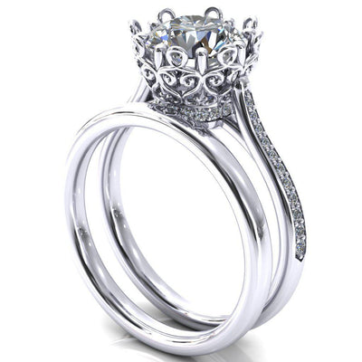 Katherine Round Moissanite Bezel Filigree Heart Crown Diamond Neck Channel Set Ring-Custom-Made Jewelry-Fire & Brilliance ®