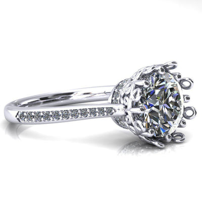 Katherine Round Moissanite Bezel Filigree Heart Crown Diamond Neck Channel Set Ring-Custom-Made Jewelry-Fire & Brilliance ®