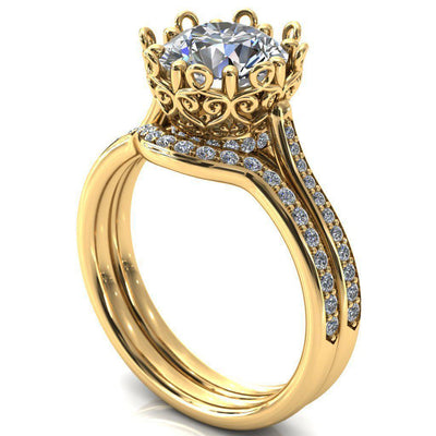 Katherine Round Moissanite Bezel Filigree Heart Crown Diamond Neck Channel Set Ring-Custom-Made Jewelry-Fire & Brilliance ®