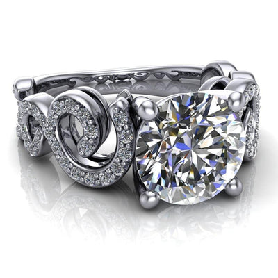 Katie Round Moissanite Swirl Shank Micro Pave Diamond Accent Shoulder Ring-Custom-Made Jewelry-Fire & Brilliance ®