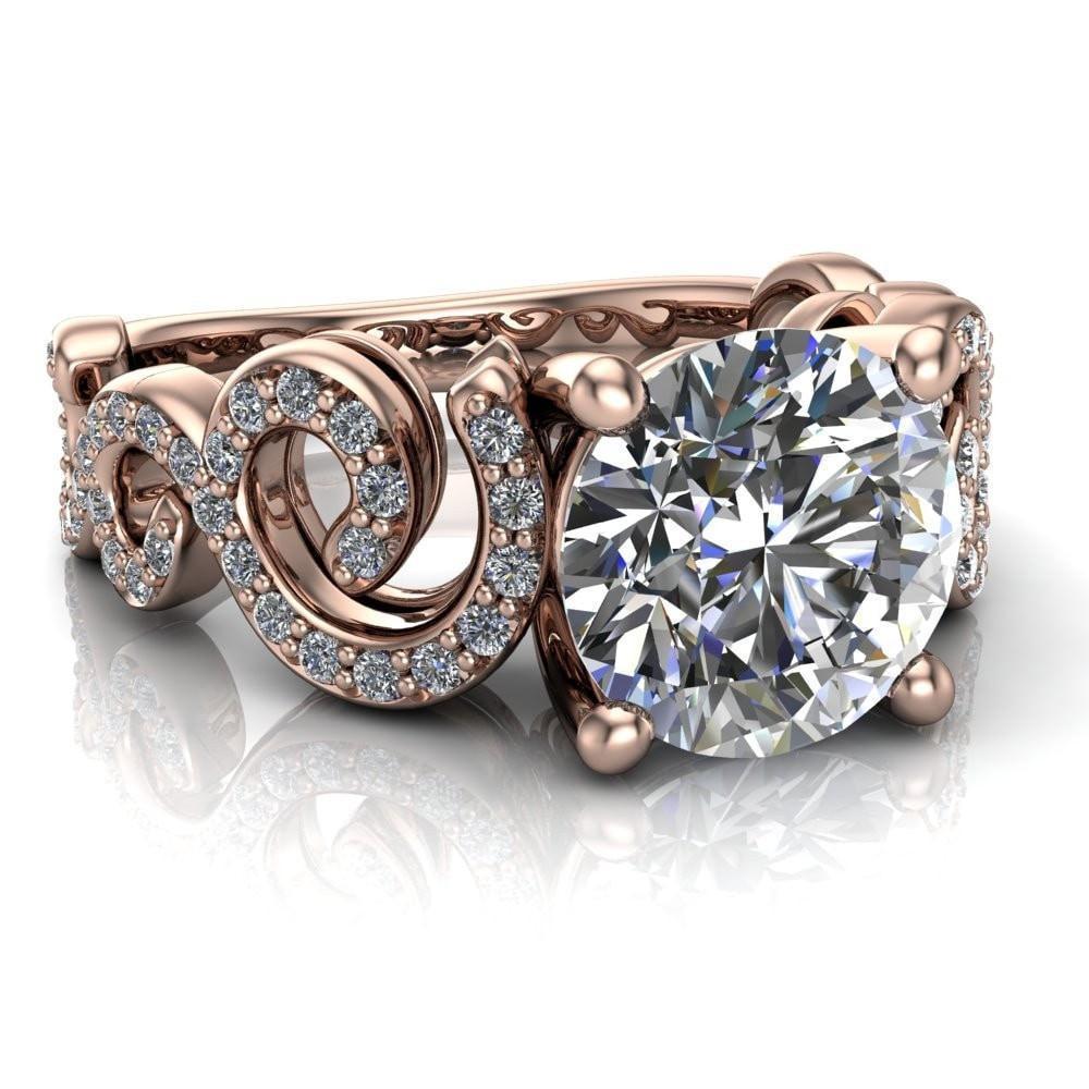 Katie Round Moissanite Swirl Shank Micro Pave Diamond Accent Shoulder Ring-Custom-Made Jewelry-Fire & Brilliance ®