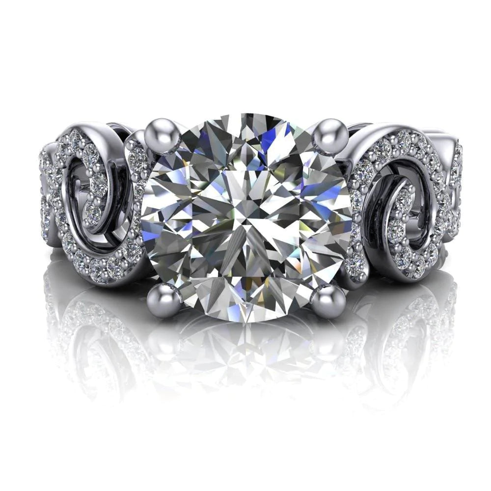 Katie 9.5mm or 3.5 Cts. Diamond Equivalent Weight Round Center Stone Swirl Shank Micro Pave Diamond Accent Shoulder Ring