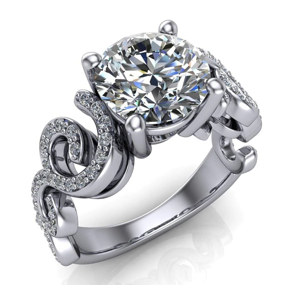 Katie 9.5mm or 3.5 Cts. Diamond Equivalent Weight Round Center Stone Swirl Shank Micro Pave Diamond Accent Shoulder Ring