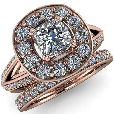Keaton Cushion Moissanite 4 Double Prong Halo Split Shank Engagement Ring-Custom-Made Jewelry-Fire & Brilliance ®