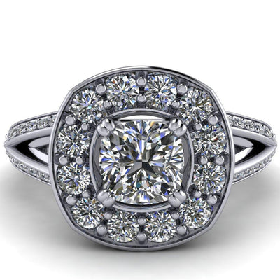 Keaton Cushion Moissanite 4 Double Prong Halo Split Shank Engagement Ring-Custom-Made Jewelry-Fire & Brilliance ®