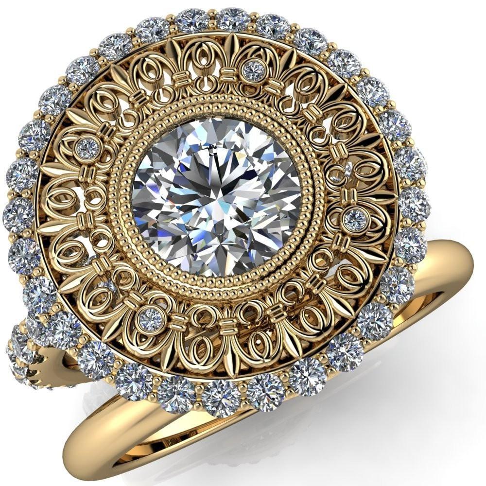 Keira Round Moissanite Bezel Set Halo Filigree Crown Ring-Custom-Made Jewelry-Fire & Brilliance ®