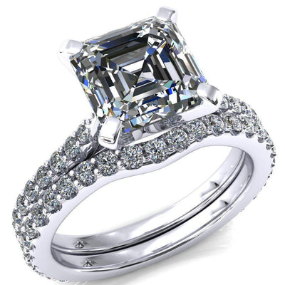 Kelsy Asscher Moissanite 4 Prong 3/4 Shared Scalloped Inverted Cathedral Ring-FIRE & BRILLIANCE
