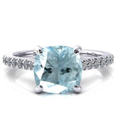Kelsy Cushion Aqua Blue Spinel 4 Prong 3/4 Shared Scalloped Inverted Cathedral Ring-FIRE & BRILLIANCE