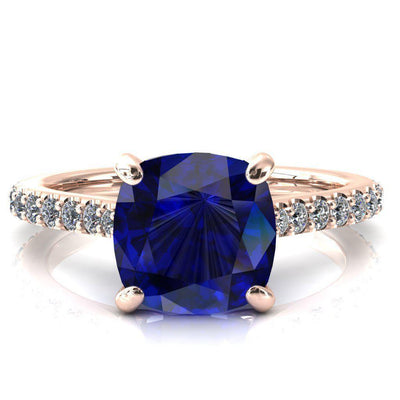 Kelsy Cushion Blue Sapphire 4 Prong 3/4 Shared Scalloped Inverted Cathedral Ring-FIRE & BRILLIANCE