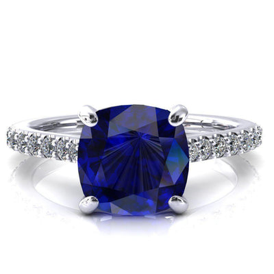 Kelsy Cushion Blue Sapphire 4 Prong 3/4 Shared Scalloped Inverted Cathedral Ring-FIRE & BRILLIANCE