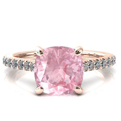 Kelsy Cushion Pink Sapphire 4 Prong 3/4 Shared Scalloped Inverted Cathedral Ring-FIRE & BRILLIANCE