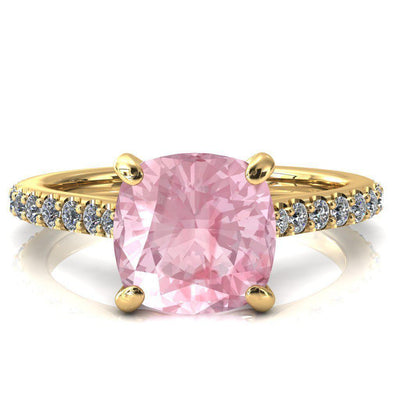 Kelsy Cushion Pink Sapphire 4 Prong 3/4 Shared Scalloped Inverted Cathedral Ring-FIRE & BRILLIANCE