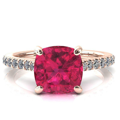 Kelsy Cushion Ruby 4 Prong 3/4 Shared Scalloped Inverted Cathedral Ring-FIRE & BRILLIANCE