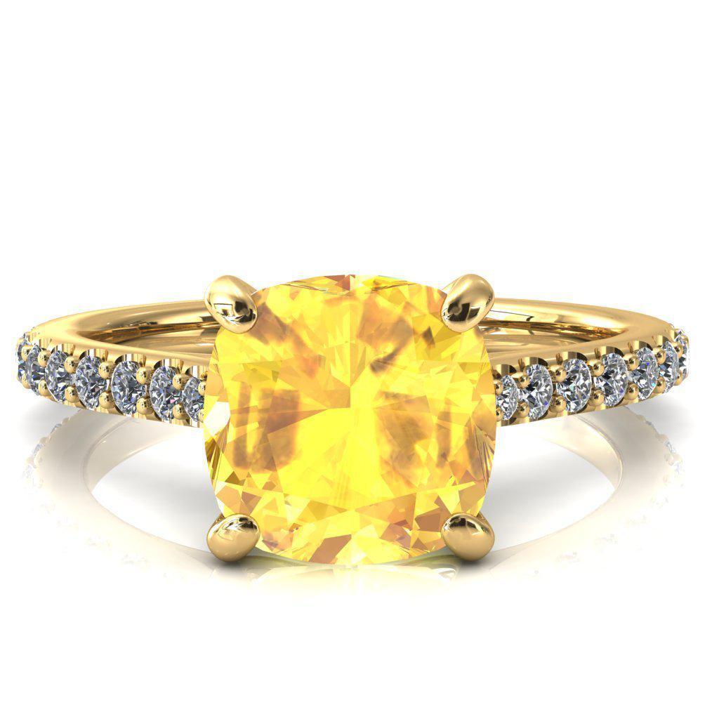 Kelsy Cushion Yellow Sapphire 4 Prong 3/4 Shared Scalloped Inverted Cathedral Ring-FIRE & BRILLIANCE