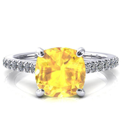 Kelsy Cushion Yellow Sapphire 4 Prong 3/4 Shared Scalloped Inverted Cathedral Ring-FIRE & BRILLIANCE