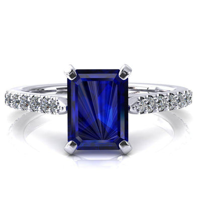 Kelsy Emerald Blue Sapphire 4 Prong 3/4 Shared Scalloped Inverted Cathedral Ring-FIRE & BRILLIANCE
