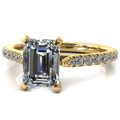 Kelsy Emerald Moissanite 4 Prong 3/4 Shared Scalloped Inverted Cathedral Ring-FIRE & BRILLIANCE