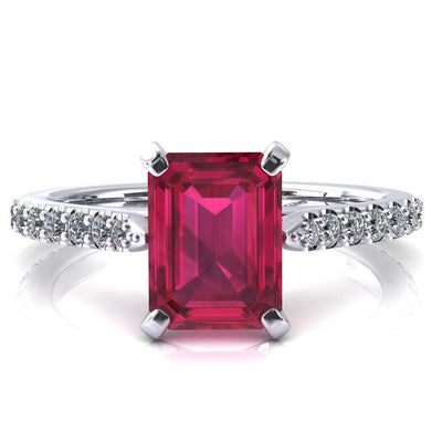 Kelsy Emerald Ruby 4 Prong 3/4 Shared Scalloped Inverted Cathedral Ring-FIRE & BRILLIANCE
