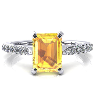 Kelsy Emerald Yellow Sapphire 4 Prong 3/4 Shared Scalloped Inverted Cathedral Ring-FIRE & BRILLIANCE