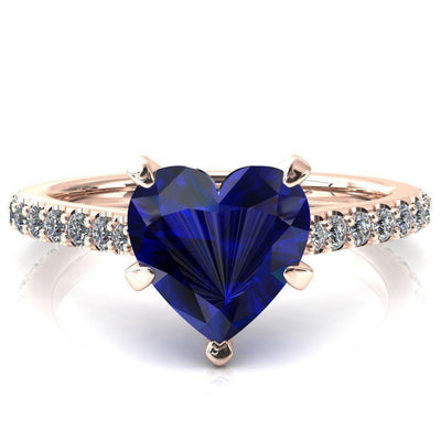 Kelsy Heart Blue Sapphire 5 Prong 3/4 Shared Scalloped Inverted Cathedral Ring-FIRE & BRILLIANCE