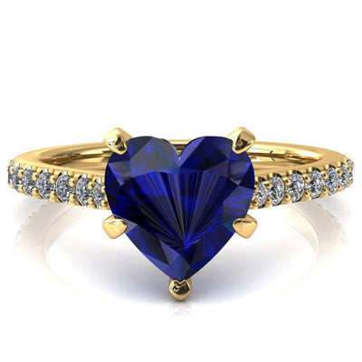 Kelsy Heart Blue Sapphire 5 Prong 3/4 Shared Scalloped Inverted Cathedral Ring-FIRE & BRILLIANCE