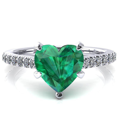 Kelsy Heart Emerald 5 Prong 3/4 Shared Scalloped Inverted Cathedral Ring-FIRE & BRILLIANCE