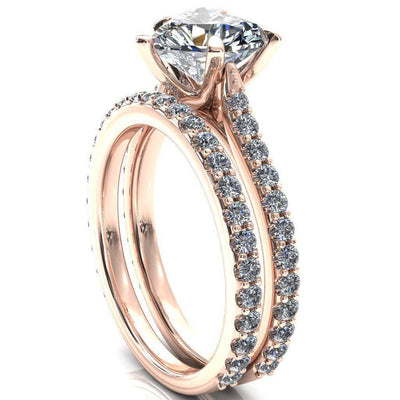Kelsy Heart Moissanite 5 Prong 3/4 Shared Scalloped Inverted Cathedral Ring-FIRE & BRILLIANCE
