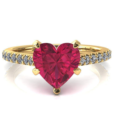 Kelsy Heart Ruby 5 Prong 3/4 Shared Scalloped Inverted Cathedral Ring-FIRE & BRILLIANCE