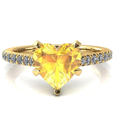 Kelsy Heart Yellow Sapphire 5 Prong 3/4 Shared Scalloped Inverted Cathedral Ring-FIRE & BRILLIANCE