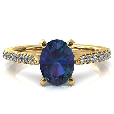 Kelsy Oval Alexandrite 4 Prong 3/4 Shared Scalloped Inverted Cathedral Ring-FIRE & BRILLIANCE