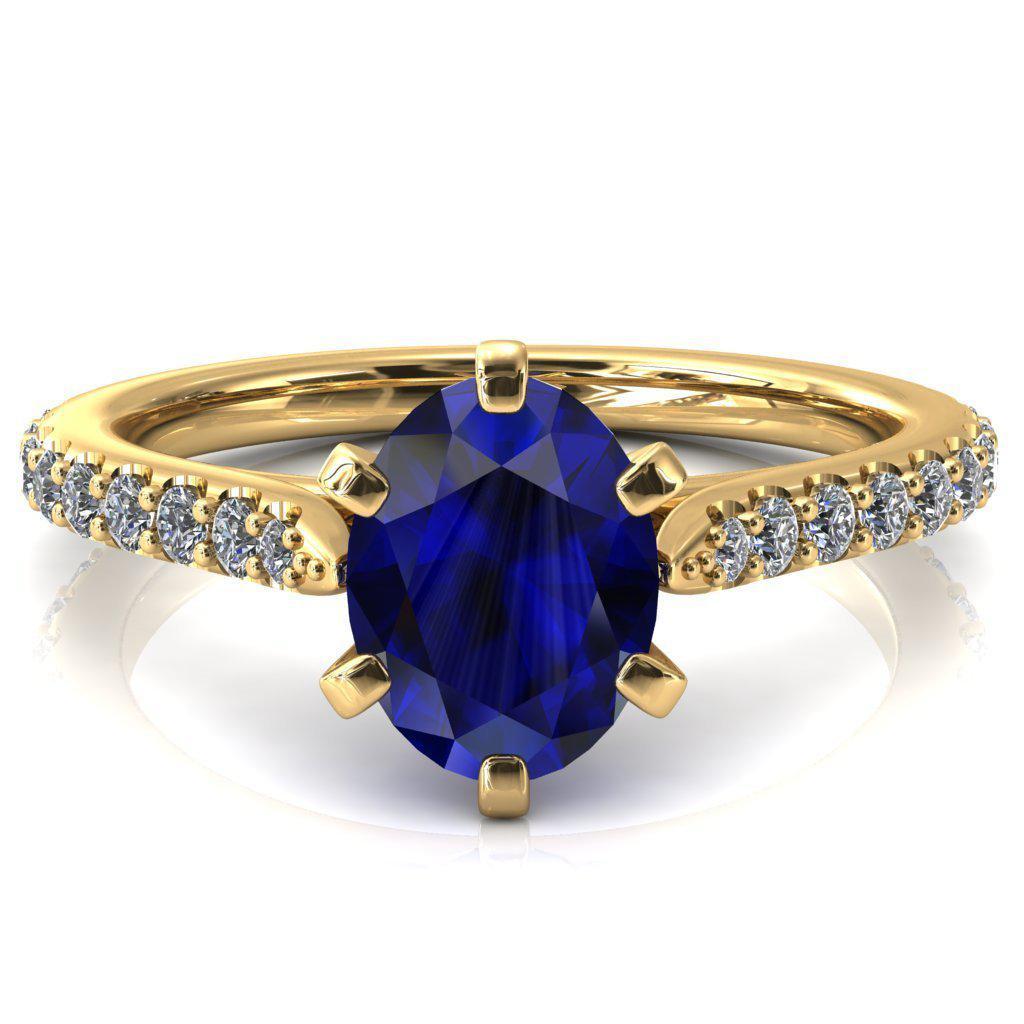 Kelsy Oval Blue Sapphire 6 Prong 3/4 Shared Scalloped Inverted Cathedral Ring-FIRE & BRILLIANCE