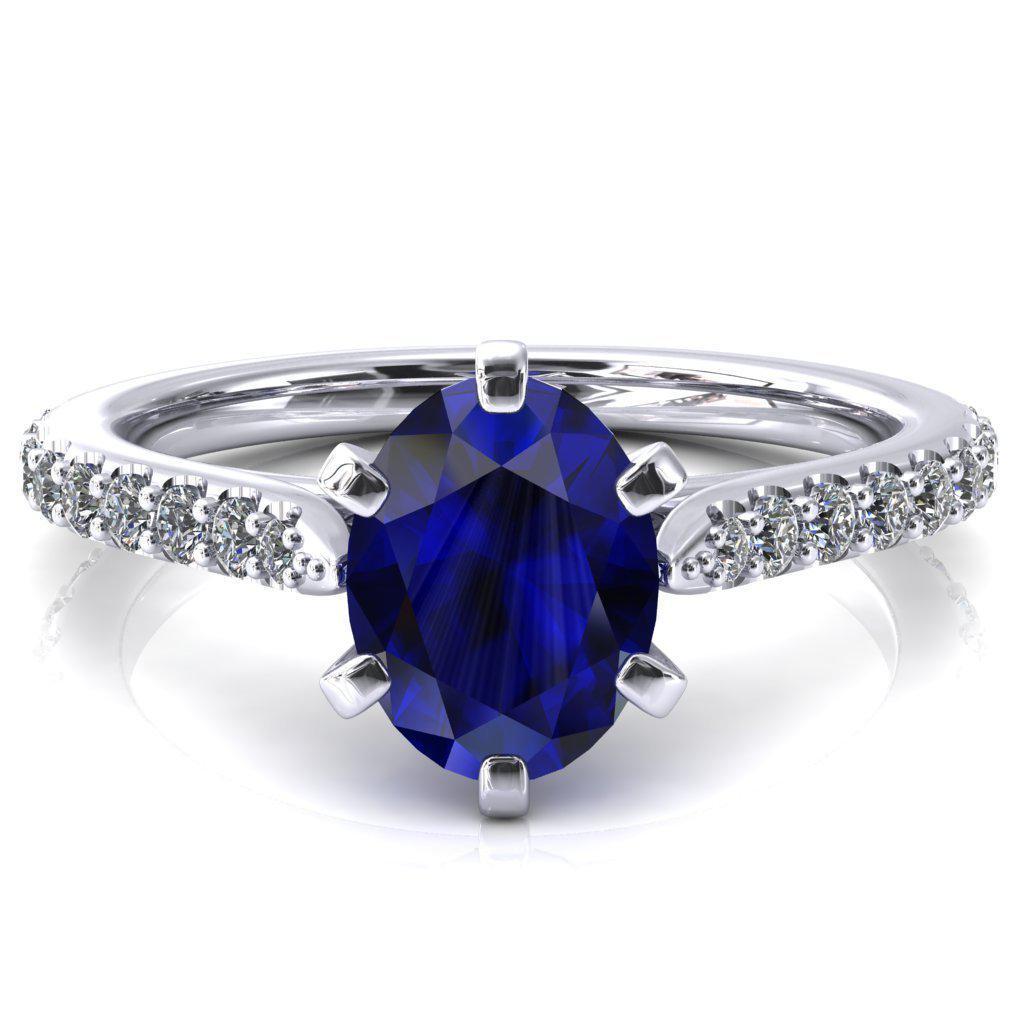 Kelsy Oval Blue Sapphire 6 Prong 3/4 Shared Scalloped Inverted Cathedral Ring-FIRE & BRILLIANCE