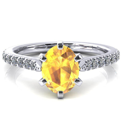Kelsy Oval Yellow Sapphire 6 Prong 3/4 Shared Scalloped Inverted Cathedral Ring-FIRE & BRILLIANCE