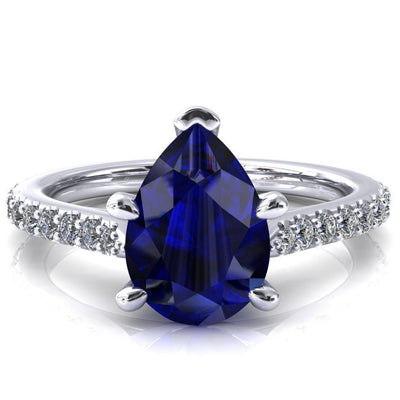Kelsy Pear Blue Sapphire 5 Prong 3/4 Shared Scalloped Inverted Cathedral Ring-FIRE & BRILLIANCE