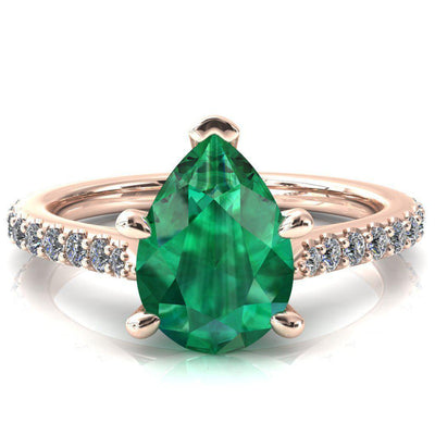 Kelsy Pear Emerald 5 Prong 3/4 Shared Scalloped Inverted Cathedral Ring-FIRE & BRILLIANCE