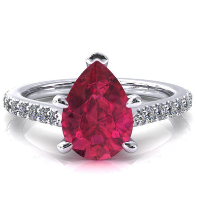 Kelsy Pear Ruby 5 Prong 3/4 Shared Scalloped Inverted Cathedral Ring-FIRE & BRILLIANCE