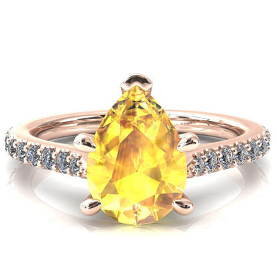 Kelsy Pear Yellow Sapphire 5 Prong 3/4 Shared Scalloped Inverted Cathedral Ring-FIRE & BRILLIANCE